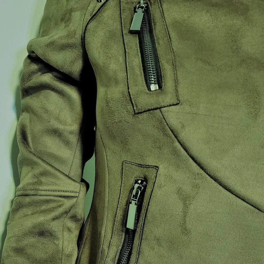 NWT Vince Camuto Woman's Olive Vegan Suede Moto Jacket - Picture 3 of 12